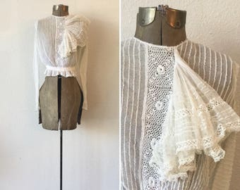 Antique Victorian blouse | Vintage lace and crochet long sleeve top | 1890s white net and lace blouse with ruffle