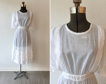 Vintage Edwardian dress || Antique Edwardian cotton lawn dress || 1910s white summer dress