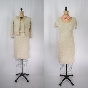 Vintage 50s knit suit | Vintage hand knit two piece suit | 1950s I. Magnin cardigan dress suit