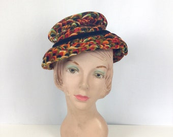 Vintage 60s hat | Vintage orange feather print hat  | 1960s velvet bucket hat