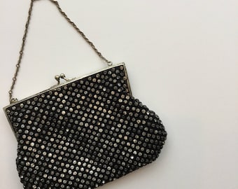 Sac à main Starlight | sac de soirée en strass vintage | Sac à main noir à poignée en chaîne argentée des années 1930