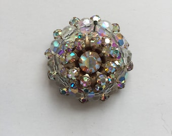 Snowflake brooch | vintage round  clear iridescent rhinestone brooch | 1950's circular rhinestone brooch