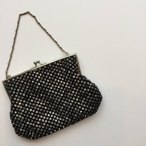 Starlight purse | Vintage rhinestone evening bag | 1930s silver chain handle black purse