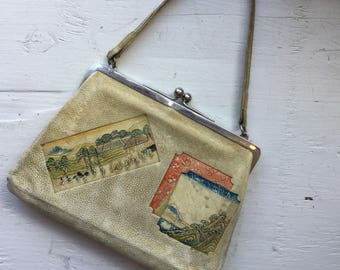 Nippon leather handbag | Vintage embossed leather purse | 1940's bag embossed with Japanese scenes