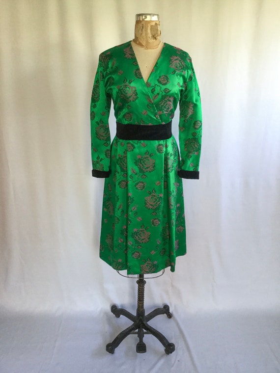 Vintage 80s satin dress | Vintage green satin ros… - image 4