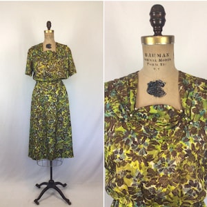 Vintage 50er Jahre Kleid | Vintage braun grünes Blumendruck Kleid | 50er Jahre Etuikleid aus Viskose