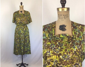 Vintage 50s Dress | Vintage brown green floral print dress | 1950s rayon shift dress