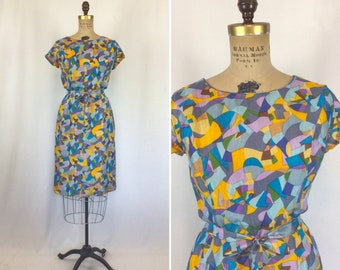 robe vintage des années 50 | robe en soie à imprimé mod vintage | Robe fourreau Sir James des années 1950