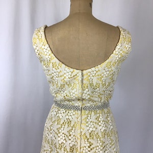 Vintage 60s dress Vintage yellow white lace evening gown 1960s Cameo Evening Fashion floral lace rhinestone maxi dress image 8