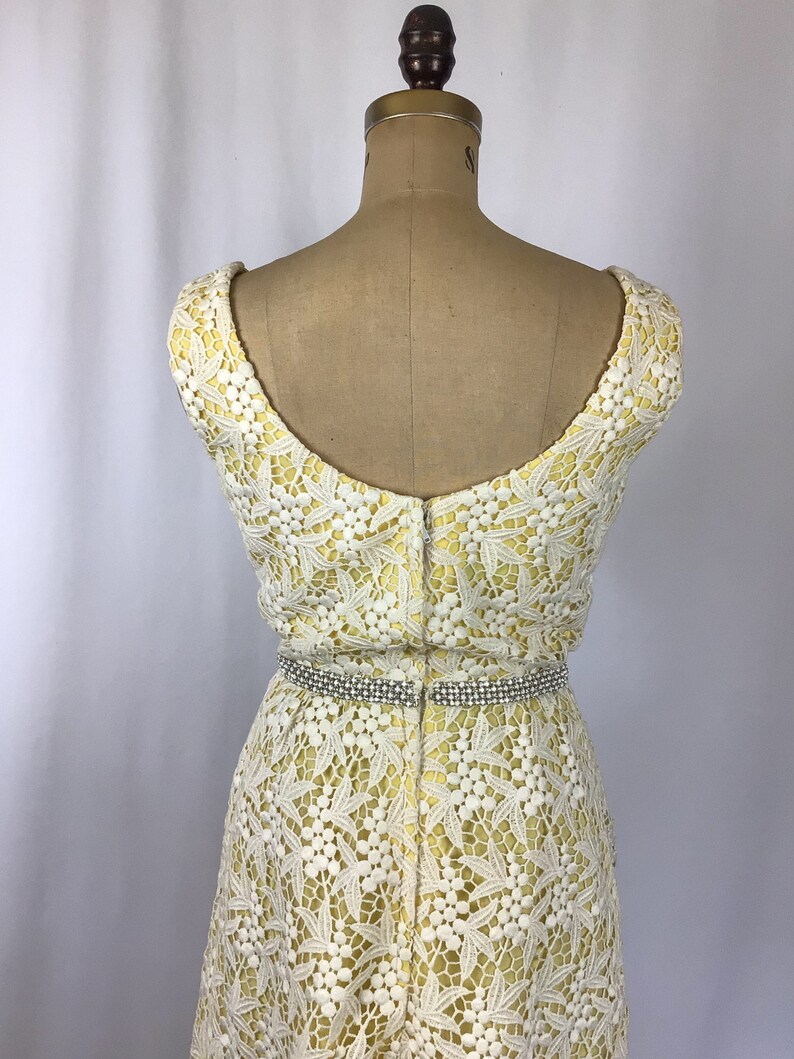 Vintage 60s dress Vintage yellow white lace evening gown 1960s Cameo Evening Fashion floral lace rhinestone maxi dress image 8