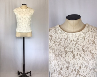 Vintage 60s top | Vintage white lace sleeveless top | 1960s Alice Stuart blouse