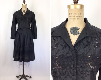 Vintage 50s dress | Vintage black eyelet embroidered long sleeve day dress | 1950s Jeanne Model shirtwaist dress