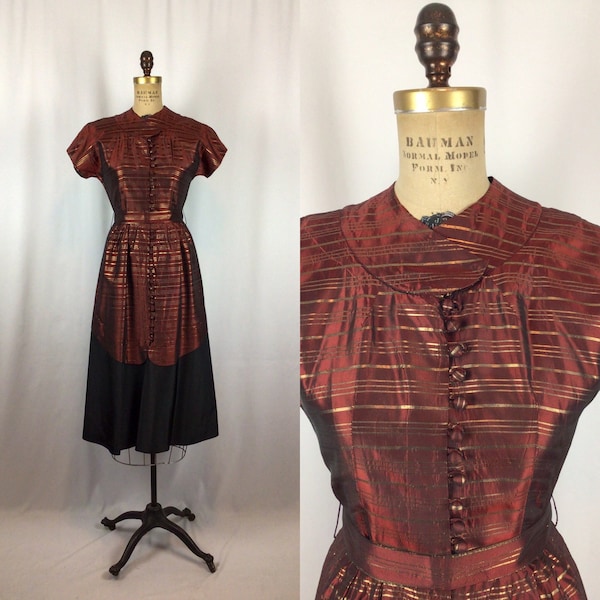 Vintage 30s dress | Vintage burgundy gold striped dress | 1930s Doris Dodson shirtwaist dress