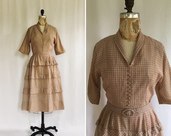 Vintage 40s wool dress | Vintage pink plaid Vogue Couturier Design day dress | 1940s pale pink grey plaid button trimmed short sleeve dress