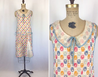 Vintage 30s apron | Vintage deco floral print overdress | 1930s cotton apron dress