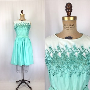 Vintage 50s dress | Vintage aqua embroidered day dress | 1950s fit and flare cotton dress