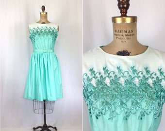 Vintage 50s dress | Vintage aqua embroidered day dress | 1950s fit and flare cotton dress