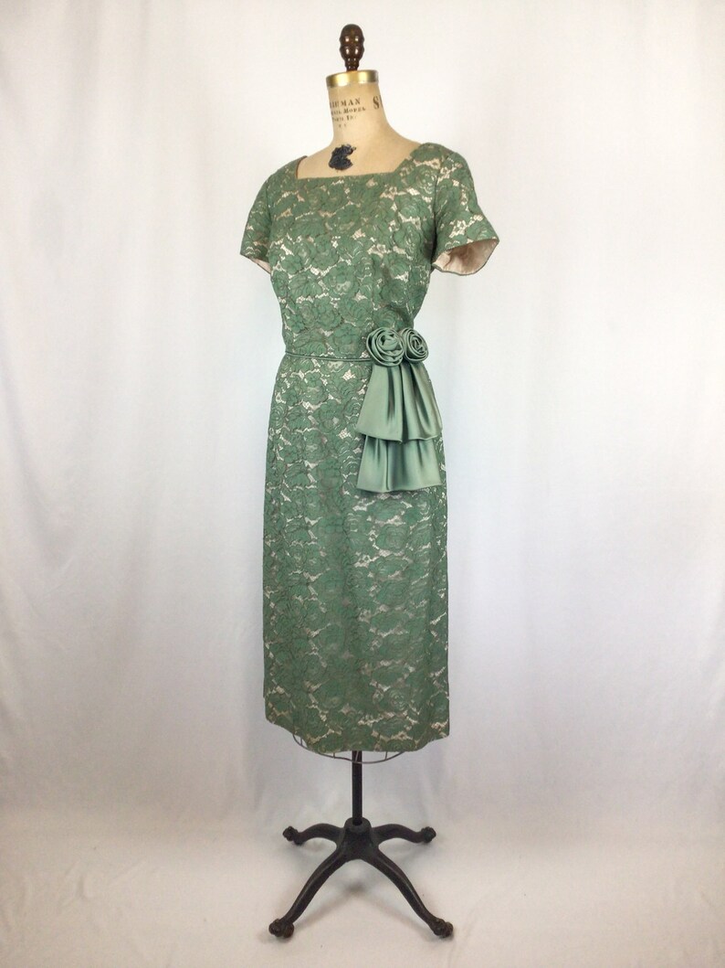 Vintage 50s dress Vintage myrtle green lace party dress 1950's wiggle cocktail dress image 5