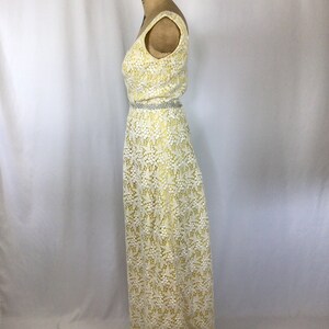 Vintage 60s dress Vintage yellow white lace evening gown 1960s Cameo Evening Fashion floral lace rhinestone maxi dress image 7
