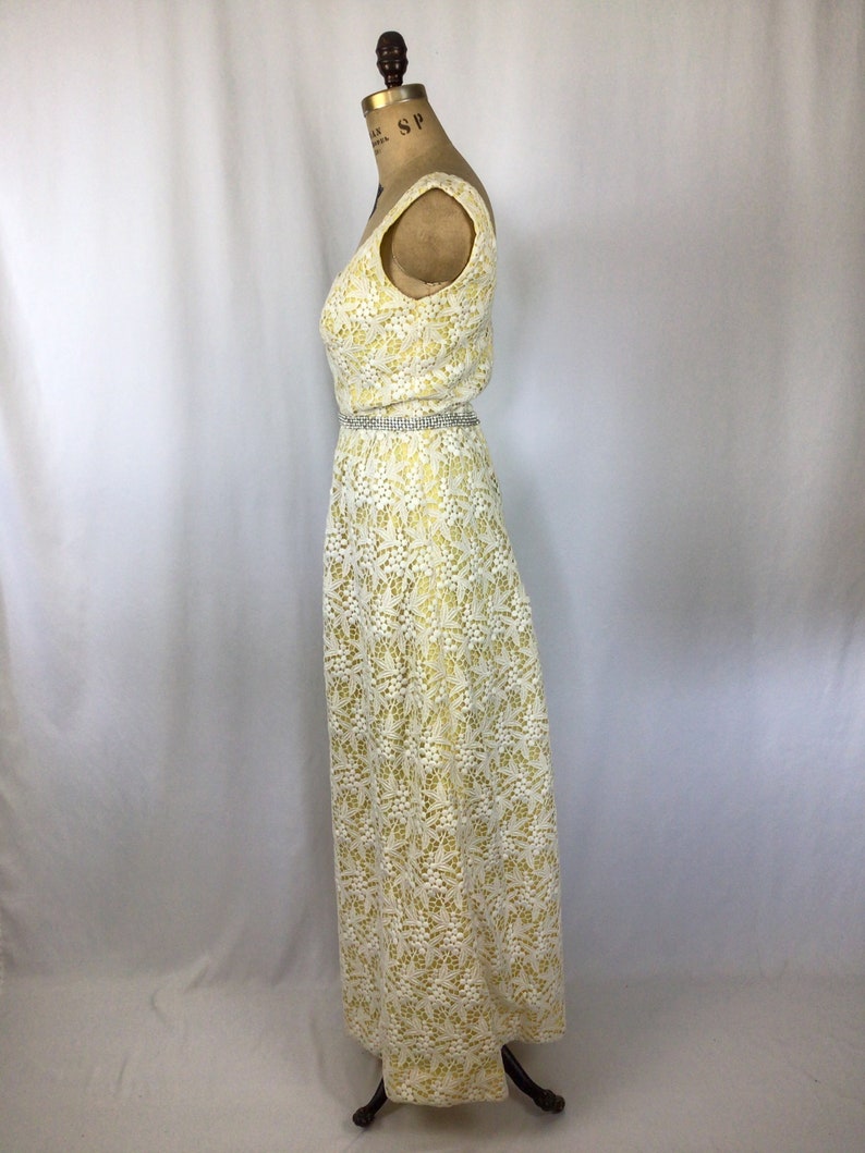 Vintage 60s dress Vintage yellow white lace evening gown 1960s Cameo Evening Fashion floral lace rhinestone maxi dress image 7