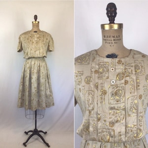 Vintage 50er Jahre Kleid | Vintage Beige Gold Ball Print Tageskleid | 1950er Jahre Hemdblusenkleid