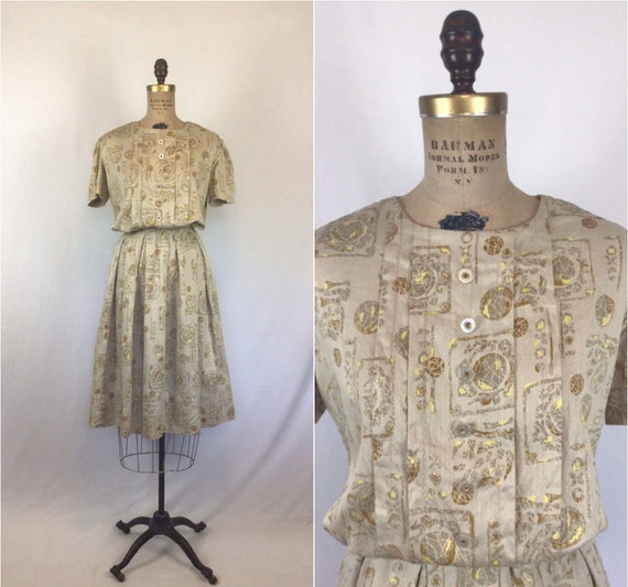 Vintage 50s Dress | Vintage beige gold ball print… - image 1