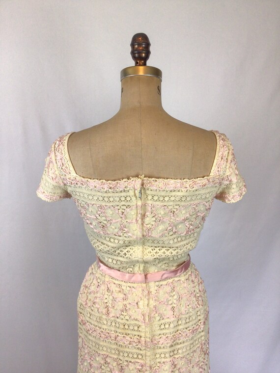 Vintage 50s Dress| Vintage pink ribbon and ivory … - image 8