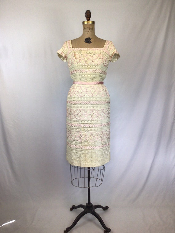 Vintage 50s Dress| Vintage pink ribbon and ivory … - image 5