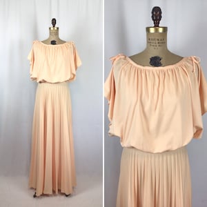 Vintage 70s dress | Vintage peach knit draped dress | 1970s light orange pleated cocktail evening dress