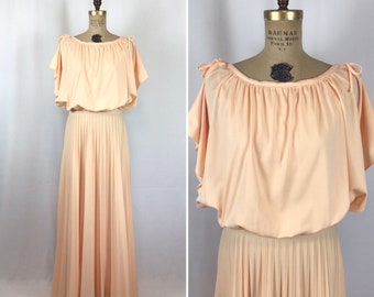 Vintage 70s dress | Vintage peach knit draped dress | 1970s light orange pleated cocktail evening dress