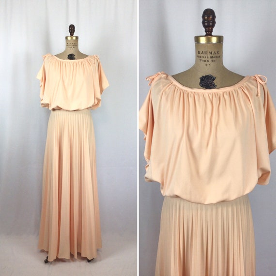 Vintage 70s dress | Vintage peach knit draped dre… - image 1