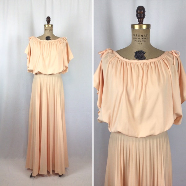 Vintage 70s dress | Vintage peach knit draped dress | 1970s light orange pleated cocktail evening dress