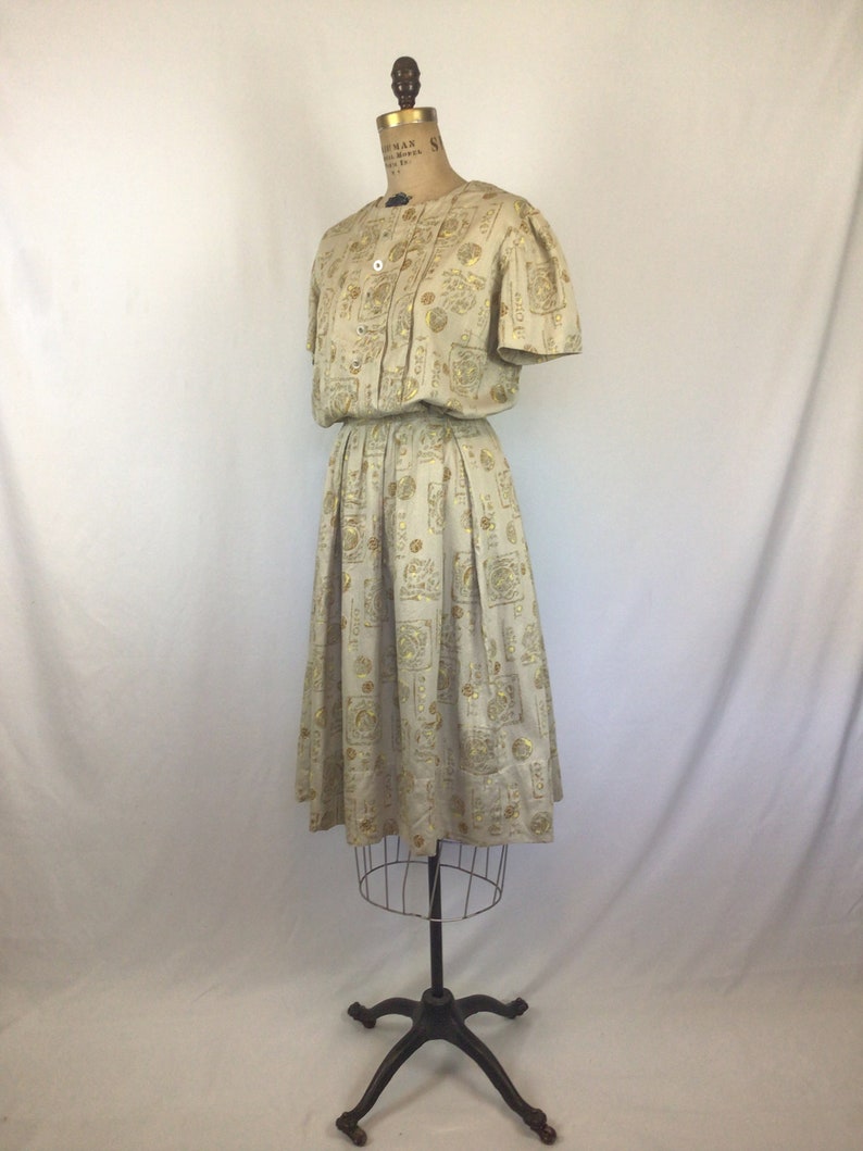 Vintage 50s Dress Vintage beige gold ball print day dress 1950s shirtwaist dress image 6