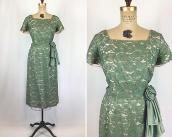 Vintage 50s dress | Vintage myrtle green lace party dress | 1950's wiggle cocktail dress