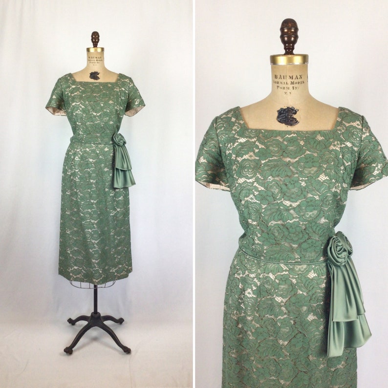 Vintage 50s dress Vintage myrtle green lace party dress 1950's wiggle cocktail dress image 1