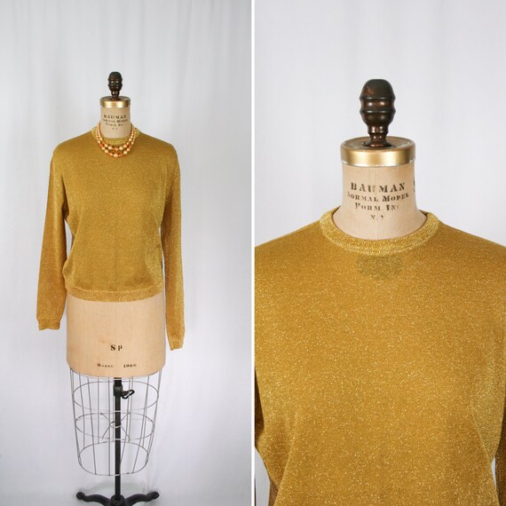 Vintage 60s sweater | Vintage gold glitter knit sw