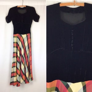 Vintage 30s evening dress | Vintage black rayon velvet plaid evening gown | 1930s formal party dress
