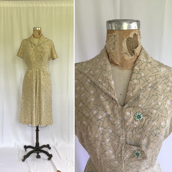 Vintage 40s Shirtwaist Dress Vintage Floral Rayon Button Front Day