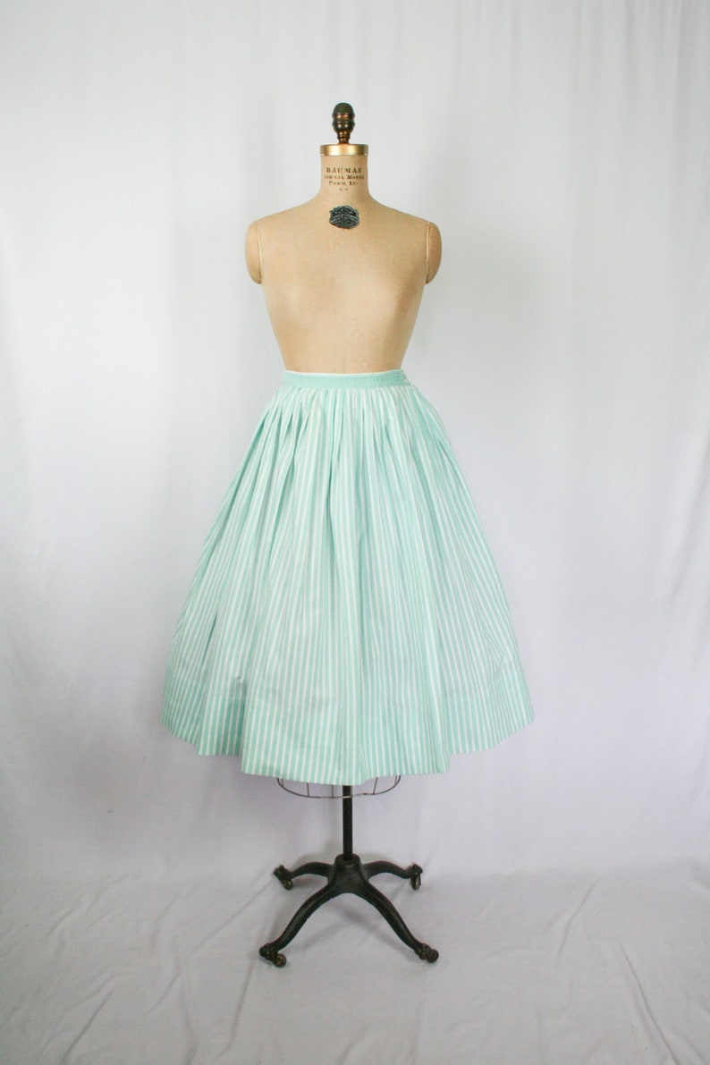 Vintage 50s full skirt Vintage aqua white stripe cotton pleated skirt 1950s cotton full circle skirt