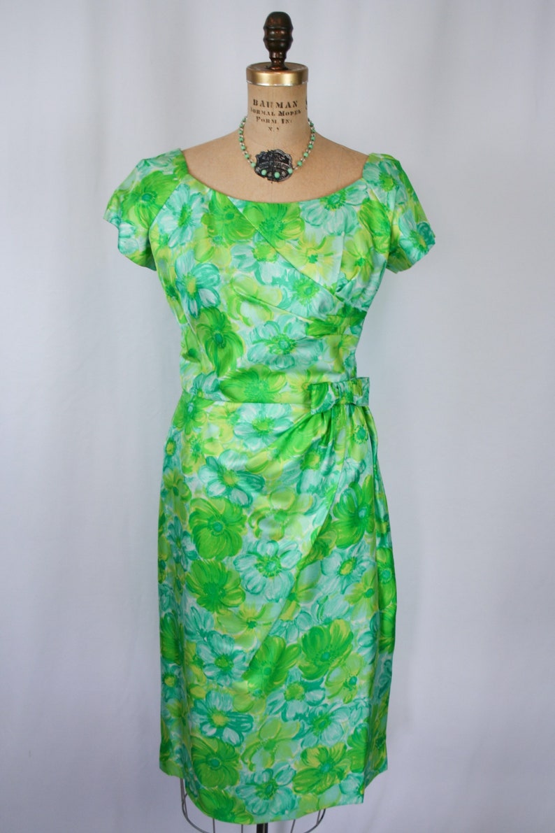 Vintage 50s dress Vintage green blue floral wiggle dress 1950s Miss Brooks dress image 4