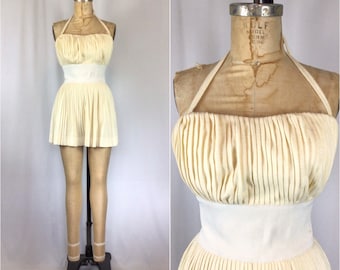 Vintage 50s swimsuit | Vintage cream knit pleated one piece | 1950s Carolyn Schnurer bathing suit