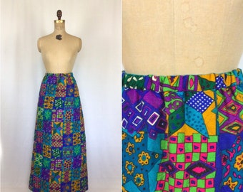 Vintage 60s skirt | Vintage patchwork quilted skirt | 1960s multi colored Aline maxi skirt