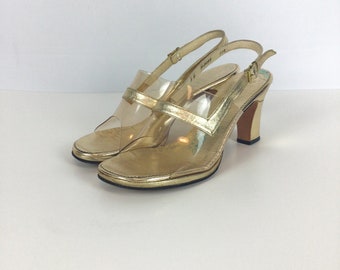 Vintage 60s shoes | Vintage gold lame plastic peep toe shoes | 1960s Amano sling back shoes