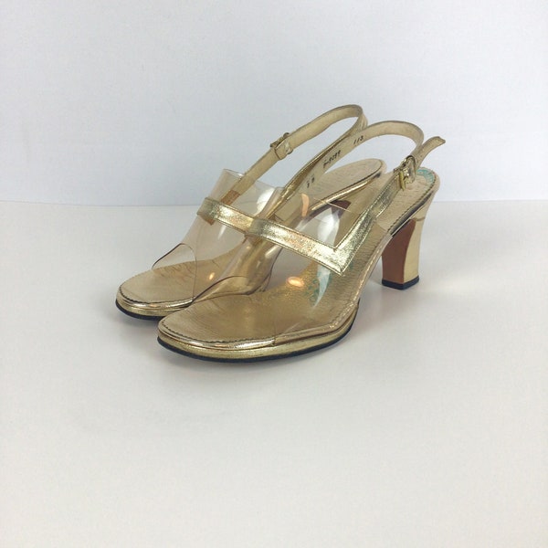 Vintage 60s shoes | Vintage gold lame plastic peep toe shoes | 1960s Amano sling back shoes