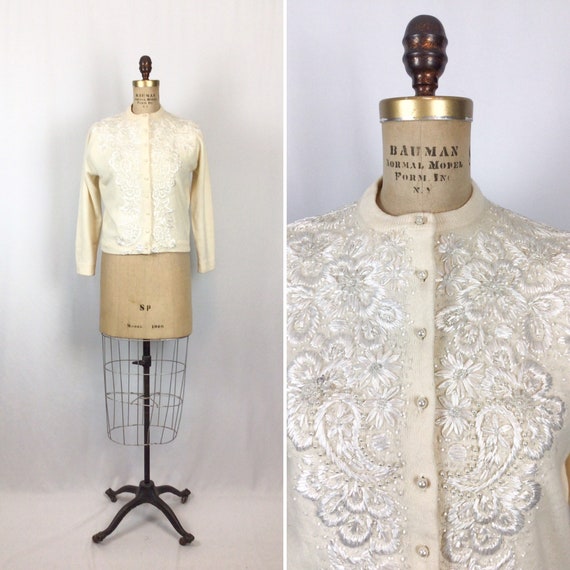 Vintage 50s beaded Cardigan | Vintage ivory wool b