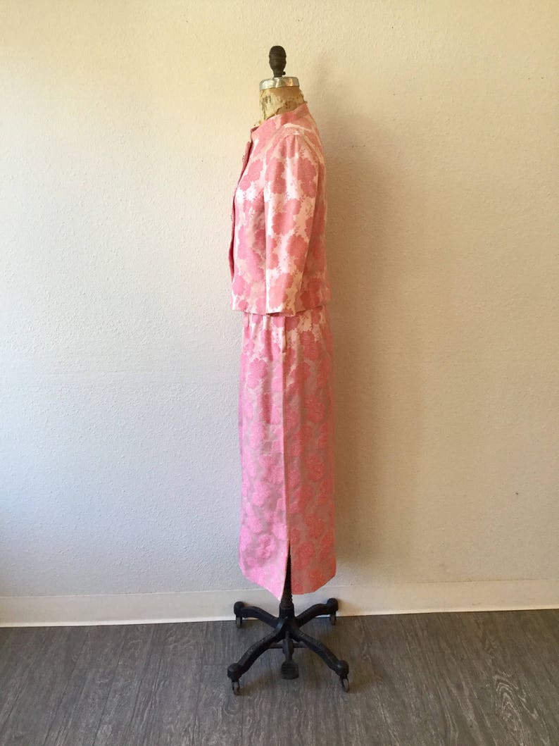 1960/'s Carol Brent Two Piece Suit Vintage pink rose brocade suit Rose 60s suit