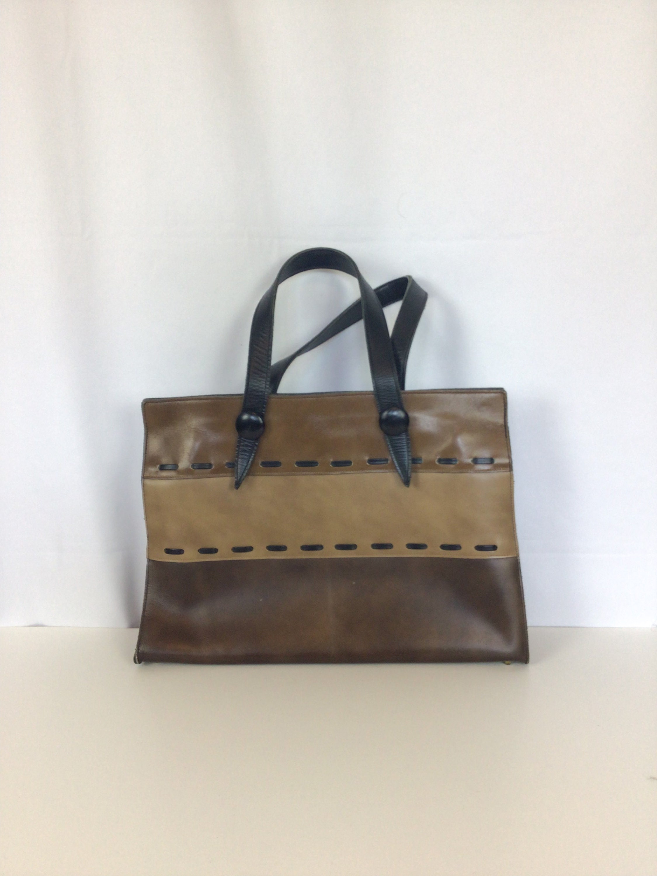Vintage 70s purse | Vintage leather striped shoulder bag | 1970s Charles F Berg top handle handbag