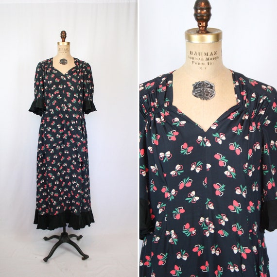 Vintage 30s dress | Vintage bow print navy rayon d