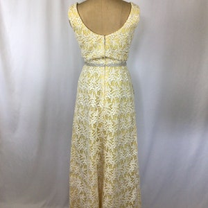 Vintage 60s dress Vintage yellow white lace evening gown 1960s Cameo Evening Fashion floral lace rhinestone maxi dress image 9