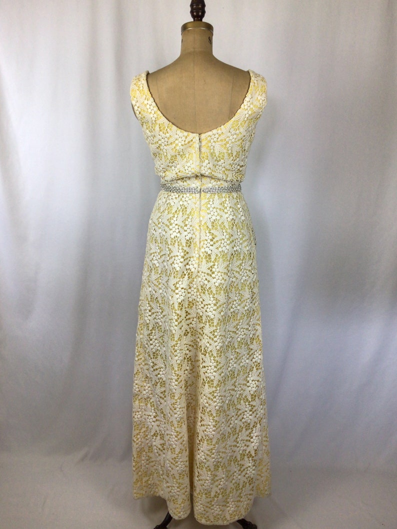 Vintage 60s dress Vintage yellow white lace evening gown 1960s Cameo Evening Fashion floral lace rhinestone maxi dress image 9